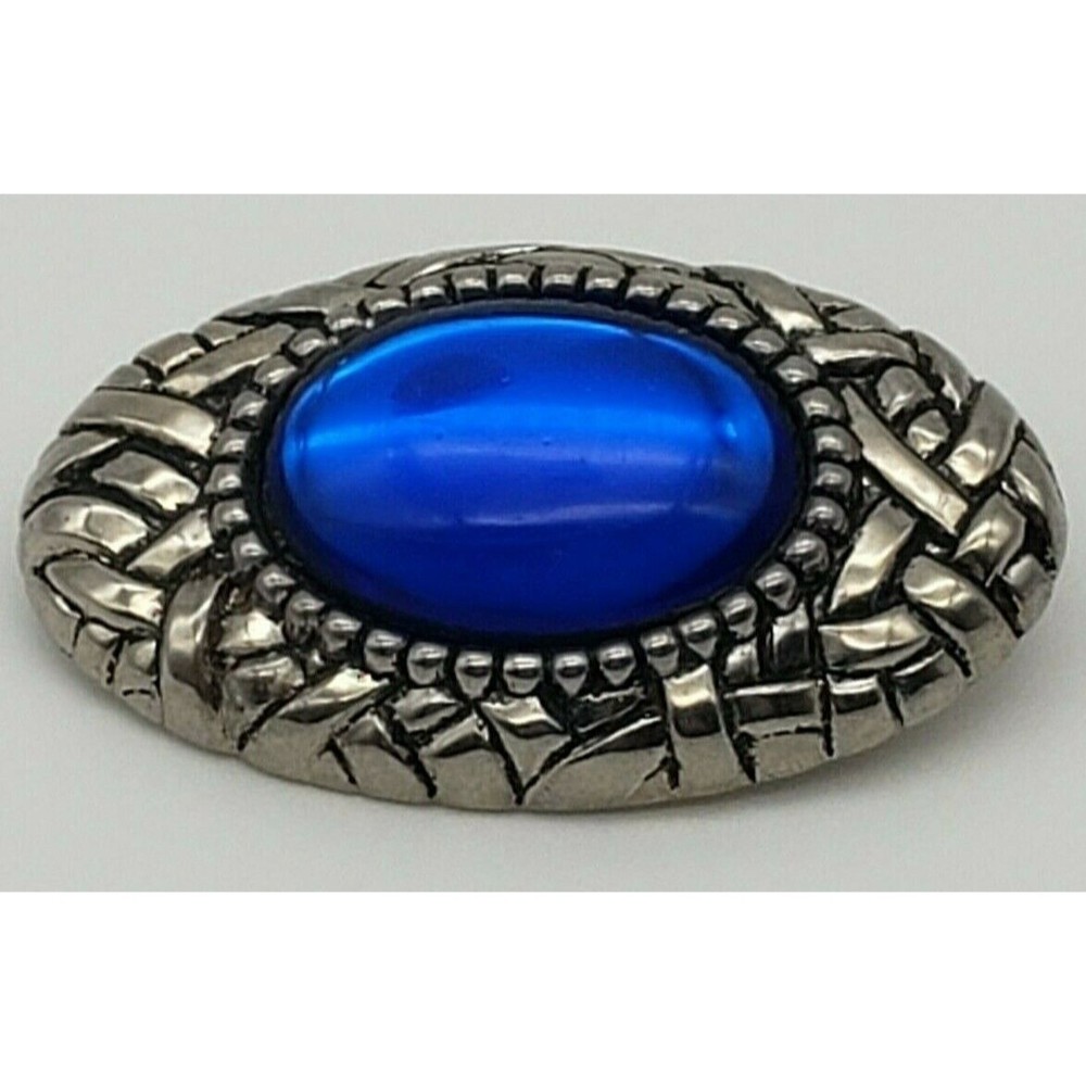Sapphire Blue Rhinestone Cabochon Bar Brooch Pin Braided Silver Tone Vintage